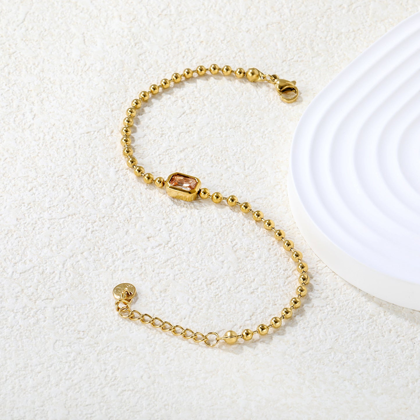 Wholesale 18K Gold-Plated Steel Ball Chain Bracelet with Gemstone Inlay