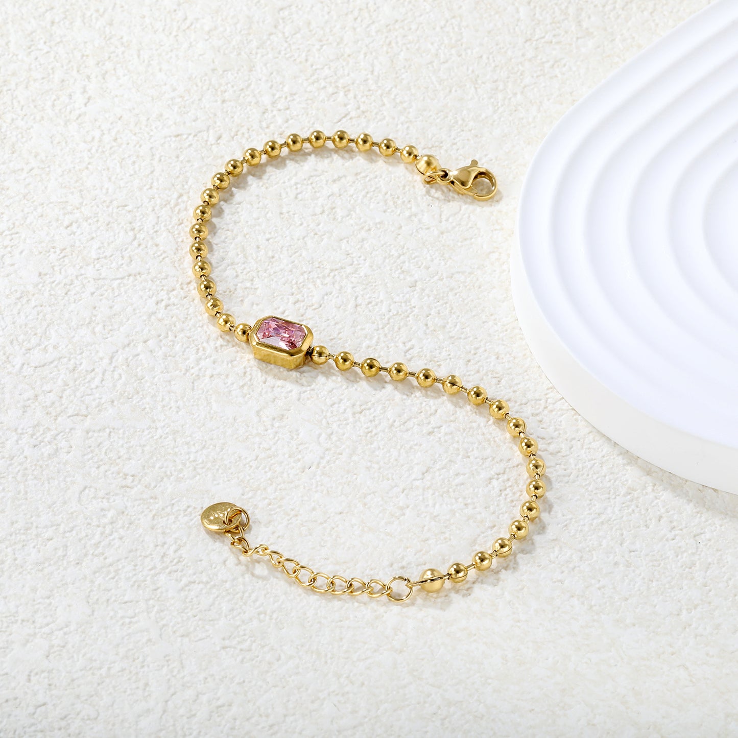 Wholesale 18K Gold-Plated Steel Ball Chain Bracelet with Gemstone Inlay