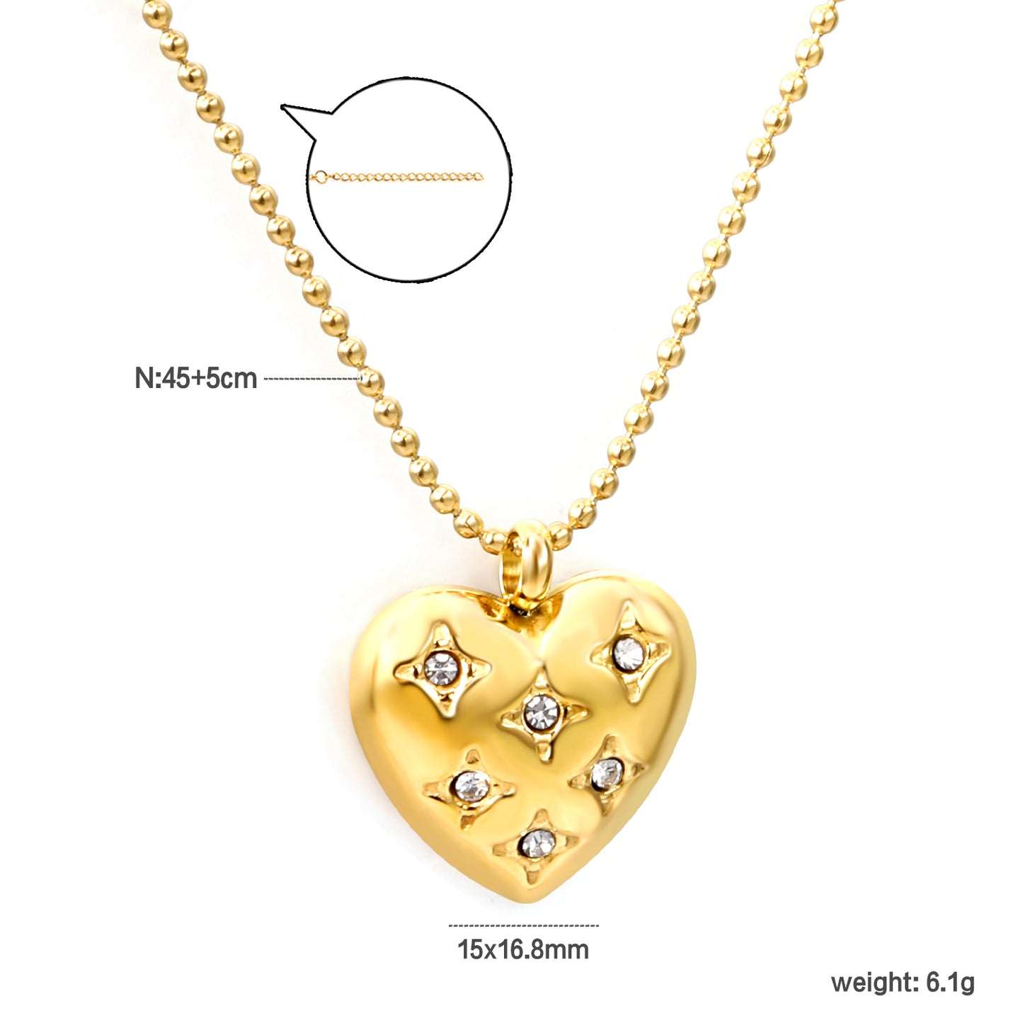 Bulk Stainless Steel Gold Heart with Zircon Necklace Romantic Style