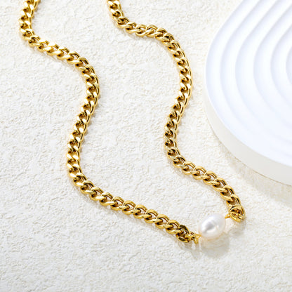 Wholesale 18K Gold Plated Cuban Chain Pearl Pendant Necklace Industrial Soft Contrast Luxury
