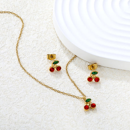 Wholesale 18K Gold Plated Cherry Jewelry Set Ruby & Emerald Accent Necklace Earrings Festive Celebration