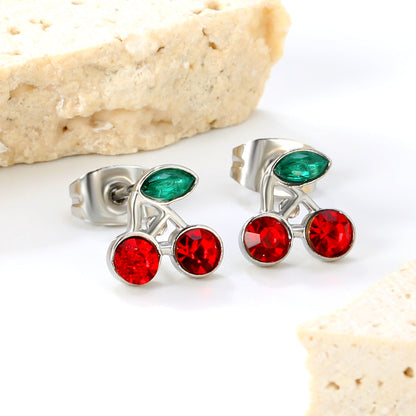 Wholesale stainless steel 18K gold plated cherry green diamonds + white diamonds ordinary pin earrings