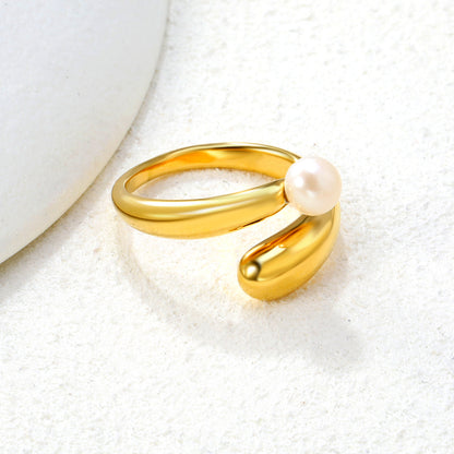 Wholesale Pearl Curved Minimalist 18K Gold Stainless Steel Ring