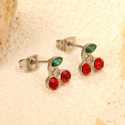 Wholesale stainless steel 18K gold plated cherry green diamonds + white diamonds ordinary pin earrings