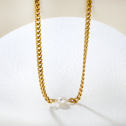 Wholesale 18K Gold Plated Cuban Chain Pearl Pendant Necklace Industrial Soft Contrast Luxury