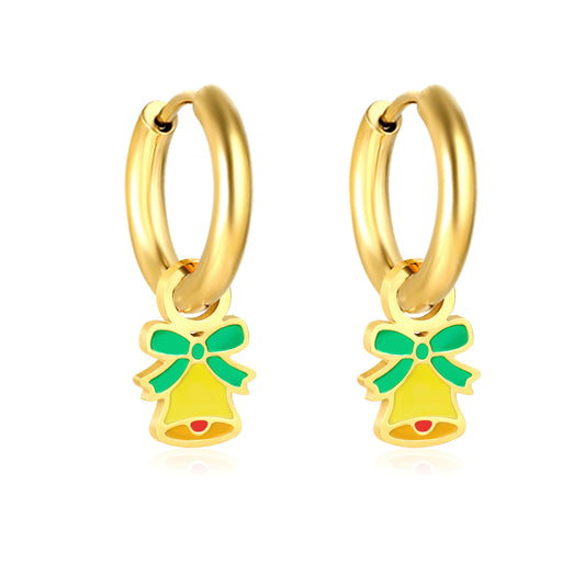 Wholesale Gold Hoop Earrings with Green Bell Decoration