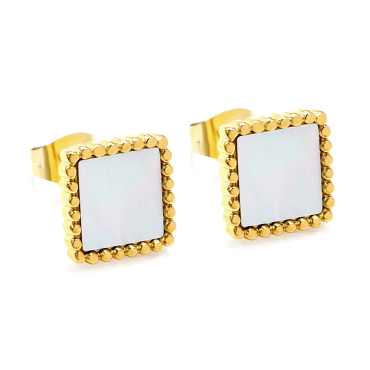 Wholesale Stainless Steel Beaded Edge Square with White Shell Earrings