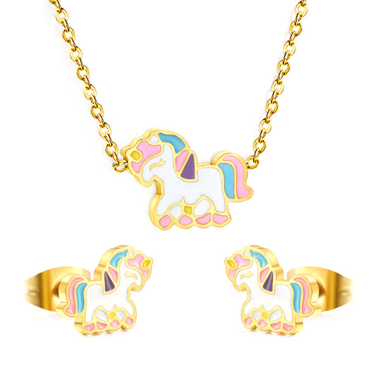 Stainless Steel Gold Pony Set & Cross Chain + Round Pendant Jewelry Supplier