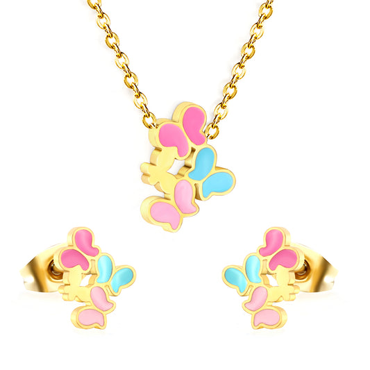 Stainless Steel Mixed Color Butterfly Set & Cross Chain + Round Pendant Jewelry Supplier