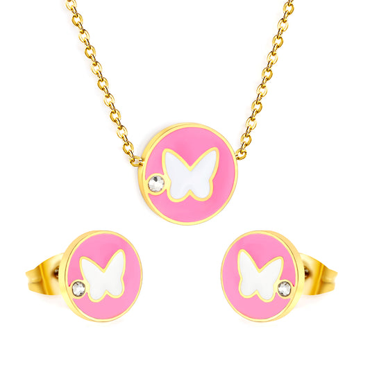 Stainless Steel Gold Round Butterfly with White Diamonds Set & Cross Chain + Round Pendant Jewelry Supplier