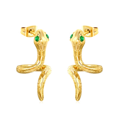 Gold snake with 2 green diamonds stud earrings jewelry supplier
