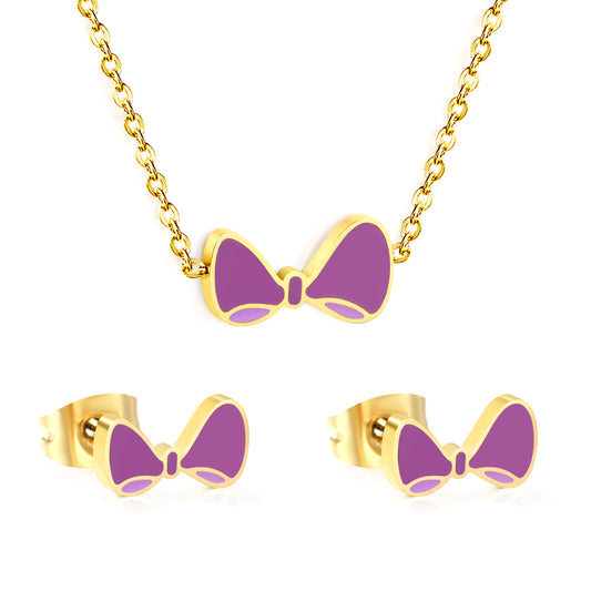 Stainless Steel Gold Bow Set & Cross Chain + Round Pendant Jewelry Supplier