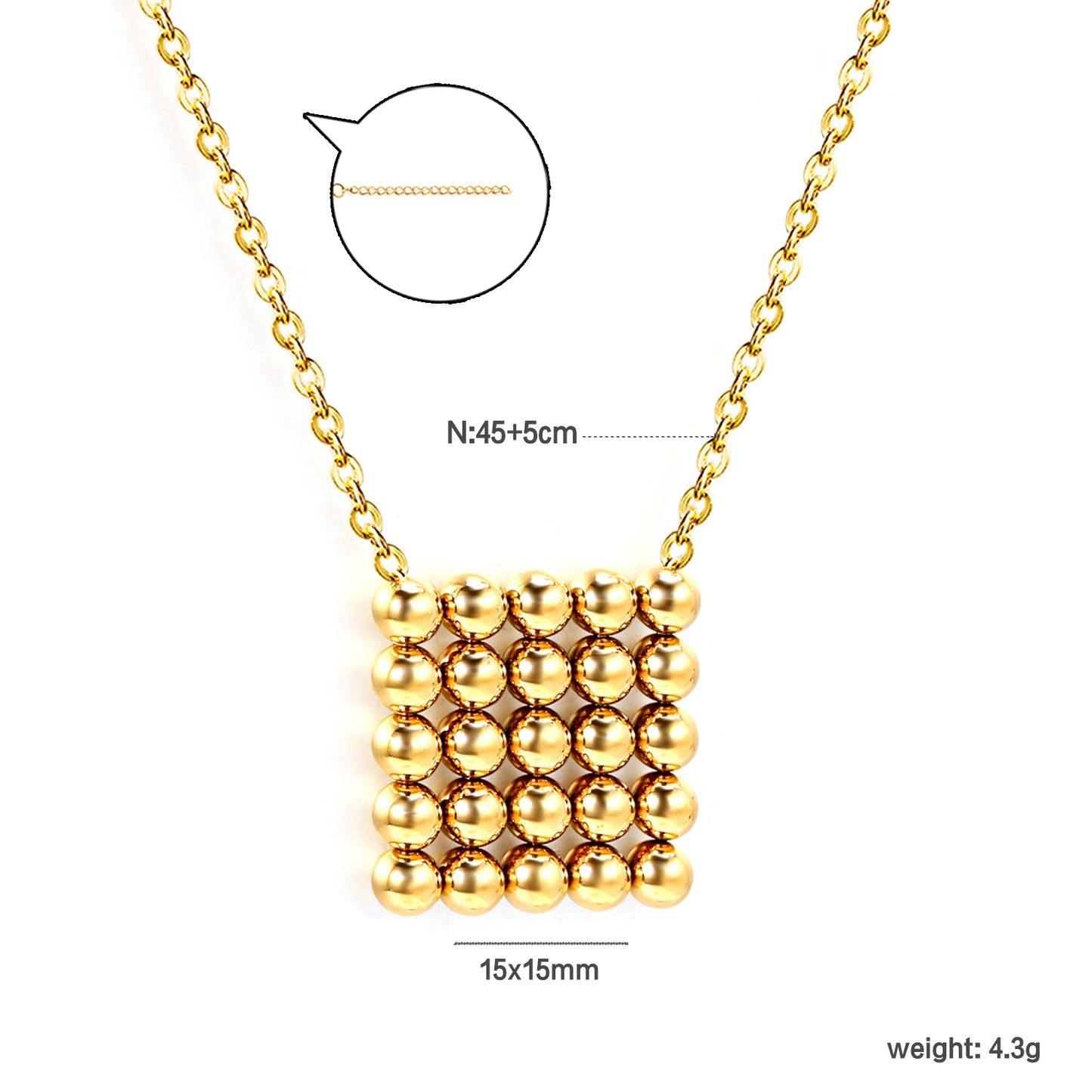 Wholesale 18K Gold Color Steel Beads Square Pendant Necklace