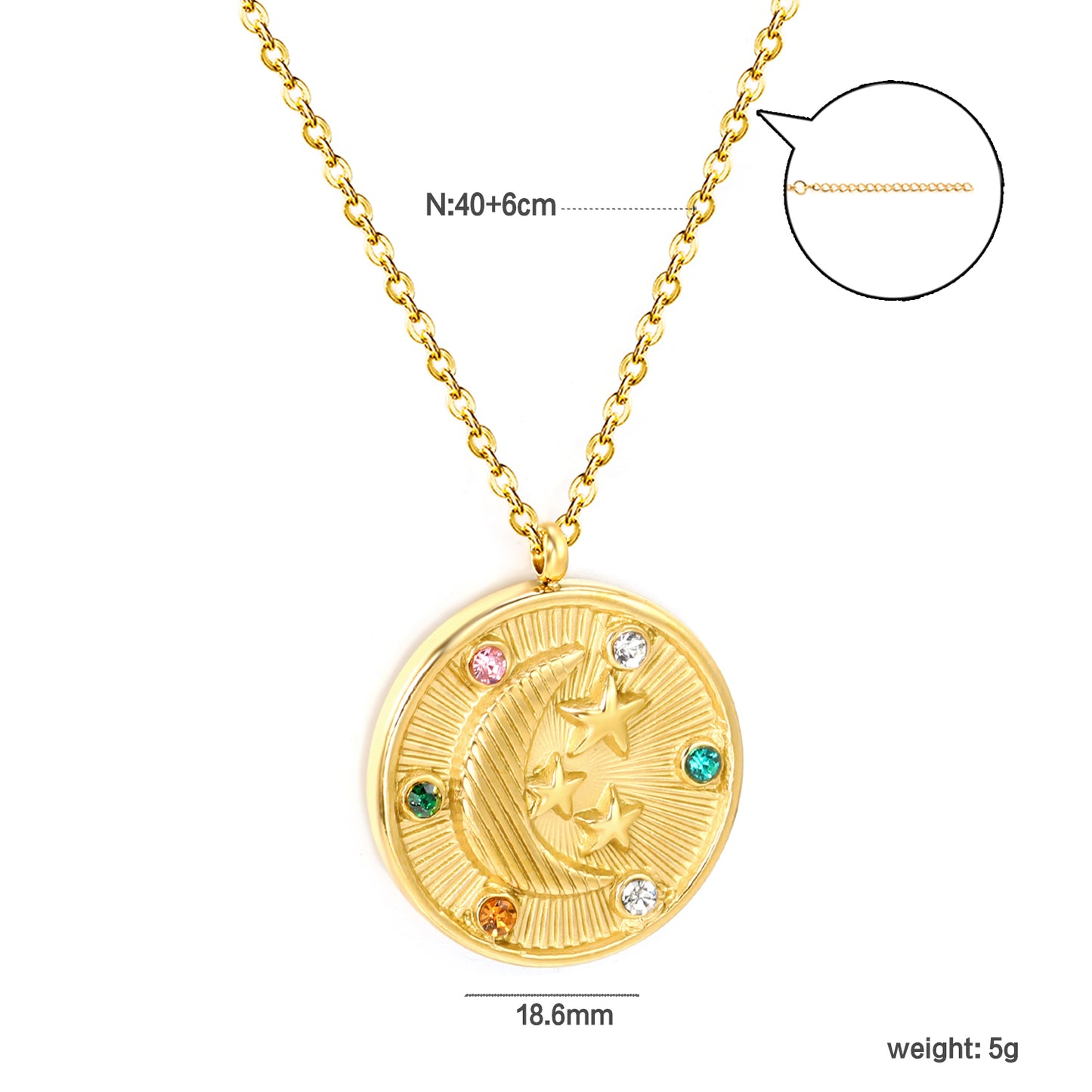 Wholesale Gold toned Stainless Steel Round Pendant with Colorful Gems Necklace Luxurious Style