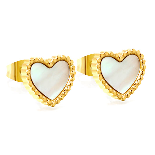 Wholesale Stainless Steel Beaded Edge Heart with White Shell Earrings