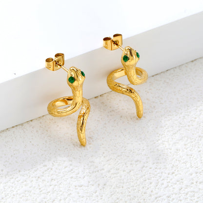 Gold snake with 2 green diamonds stud earrings jewelry supplier