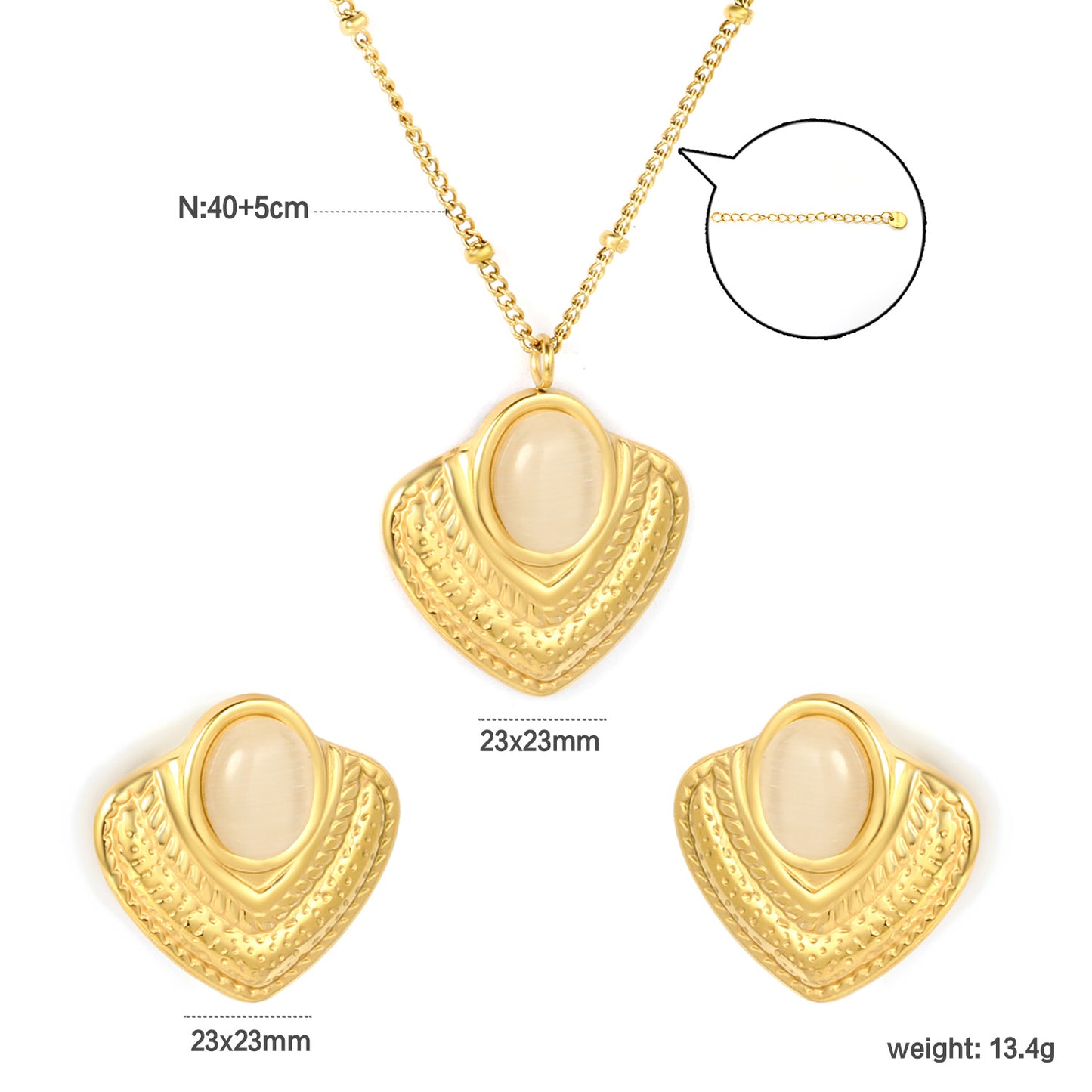 Wholesale 18K Gold Plated Shell Jewelry Set Mother-of-Pearl & Emerald Accent Necklace Earrings Light Luxury