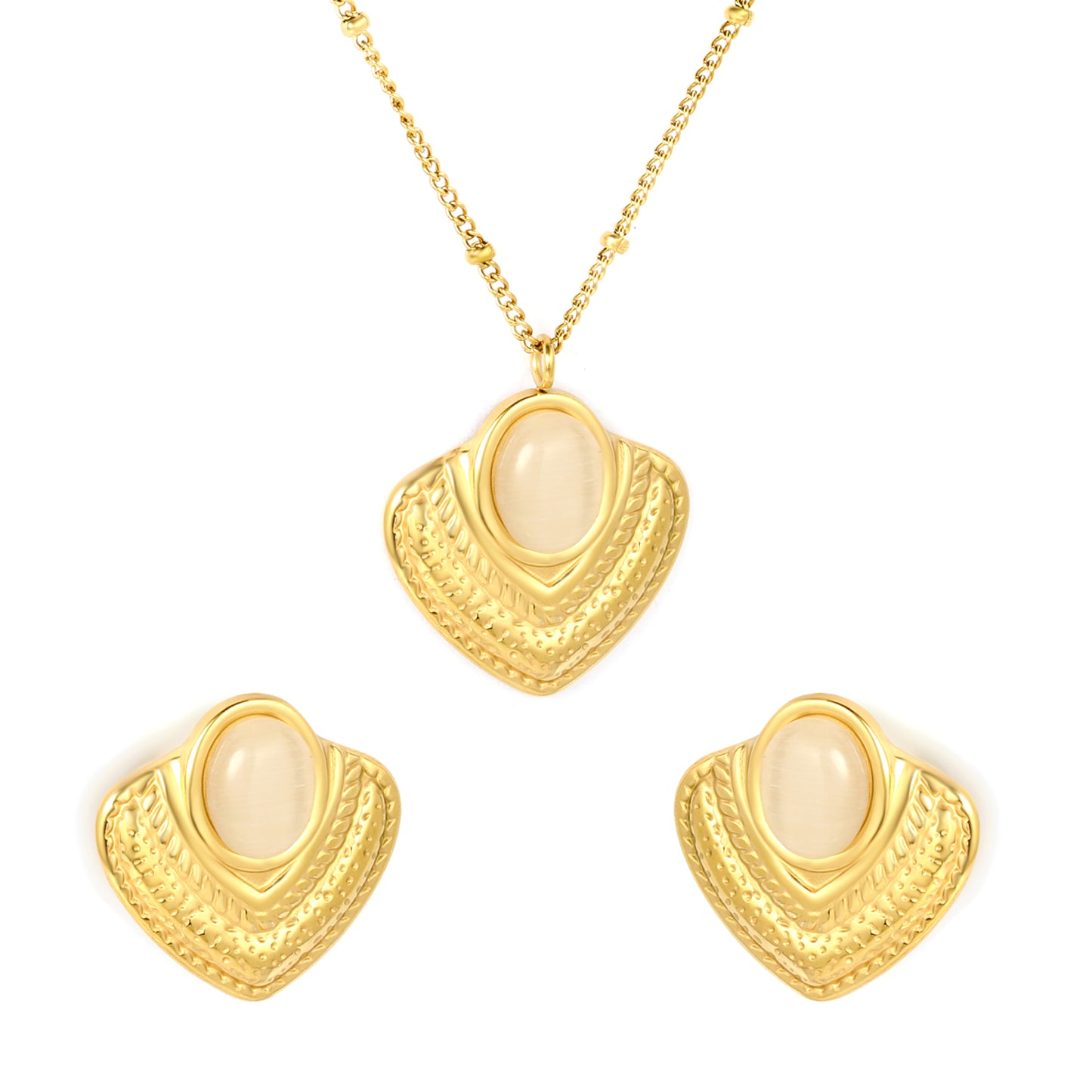 Wholesale 18K Gold Plated Shell Jewelry Set Mother-of-Pearl & Emerald Accent Necklace Earrings Light Luxury