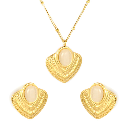 Wholesale 18K Gold Plated Shell Jewelry Set Mother-of-Pearl & Emerald Accent Necklace Earrings Light Luxury