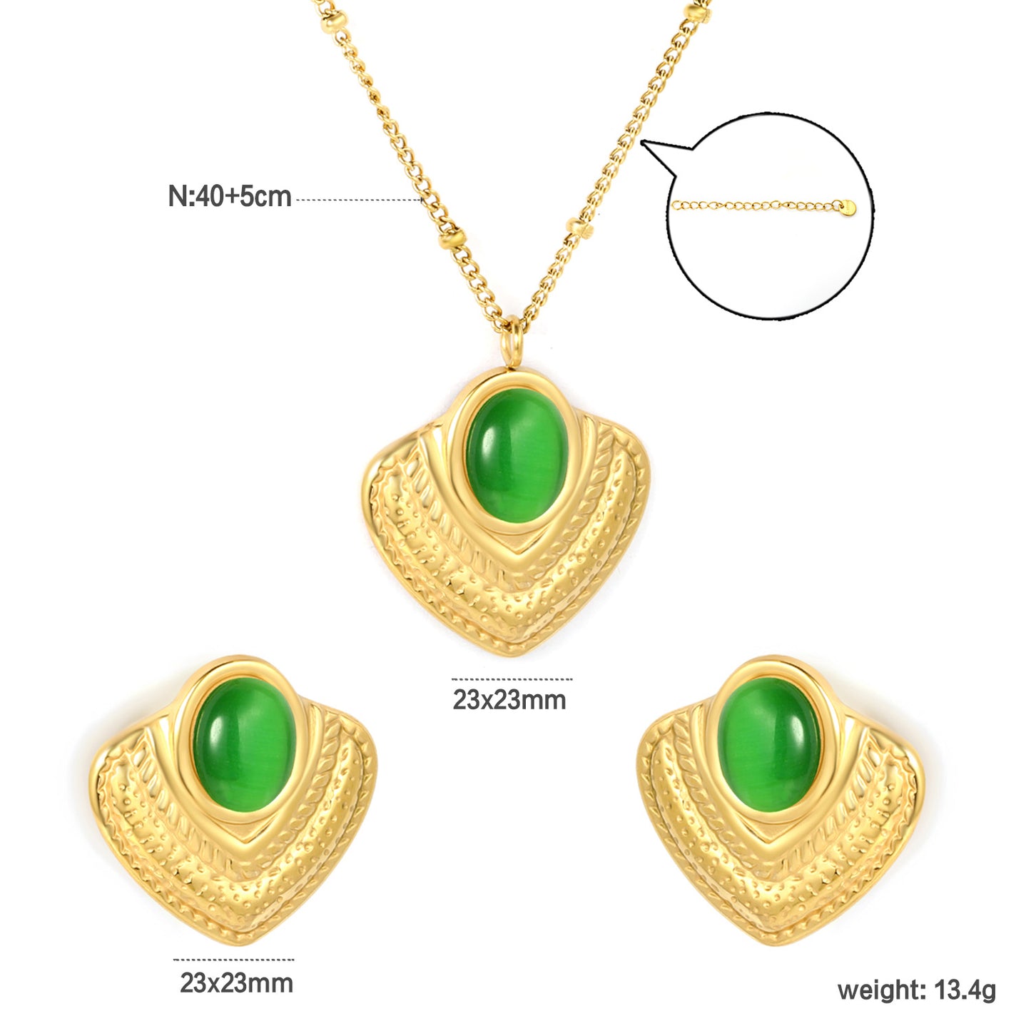 Wholesale 18K Gold Plated Shell Jewelry Set Mother-of-Pearl & Emerald Accent Necklace Earrings Light Luxury
