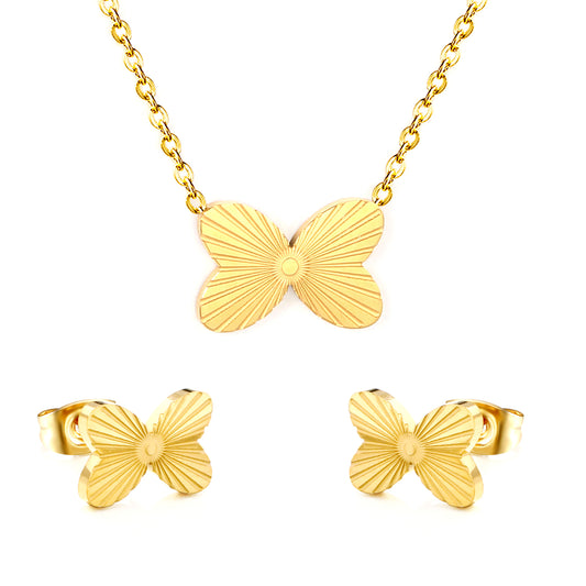 Wholesale 18K Gold Plated Butterfly Jewelry Set Anatomical Wing Detail Necklace Earrings Minimalist Nature