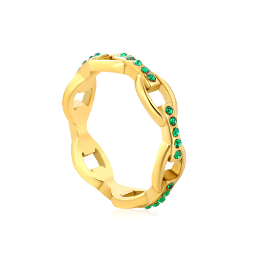 Wholesale 18K Gold Plated Openwork Chain Ring Diamond & Emerald Accent Festive Celebration Luxury