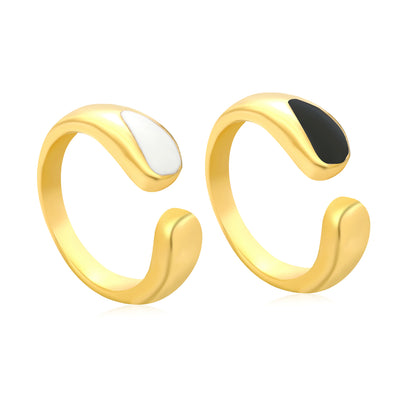 Wholesale 18K Gold Plated Arc Ring Mother-of-Pearl & Onyx Inlay Open Band Contrast Luxury