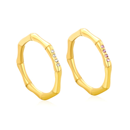 Wholesale 18K Gold Plated Geometric Bamboo Ring Diamond & Amethyst Accent Open Band Minimalist Luxe