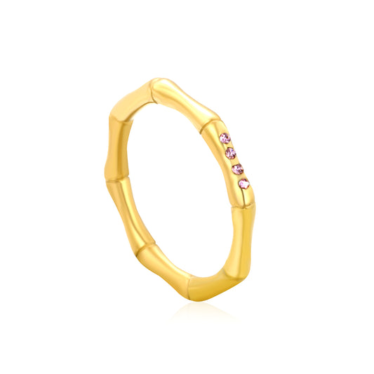 Wholesale 18K Gold Plated Geometric Bamboo Ring Diamond & Amethyst Accent Open Band Minimalist Luxe
