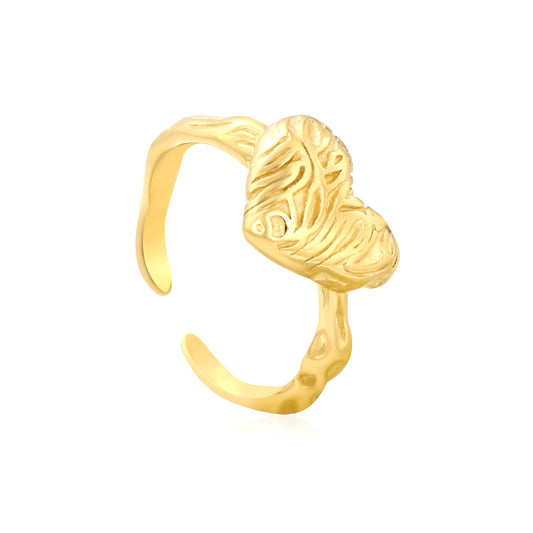 Wholesale 18K Gold Plated Crushed Heart Ring Textured Surface Open Band Industrial Romance