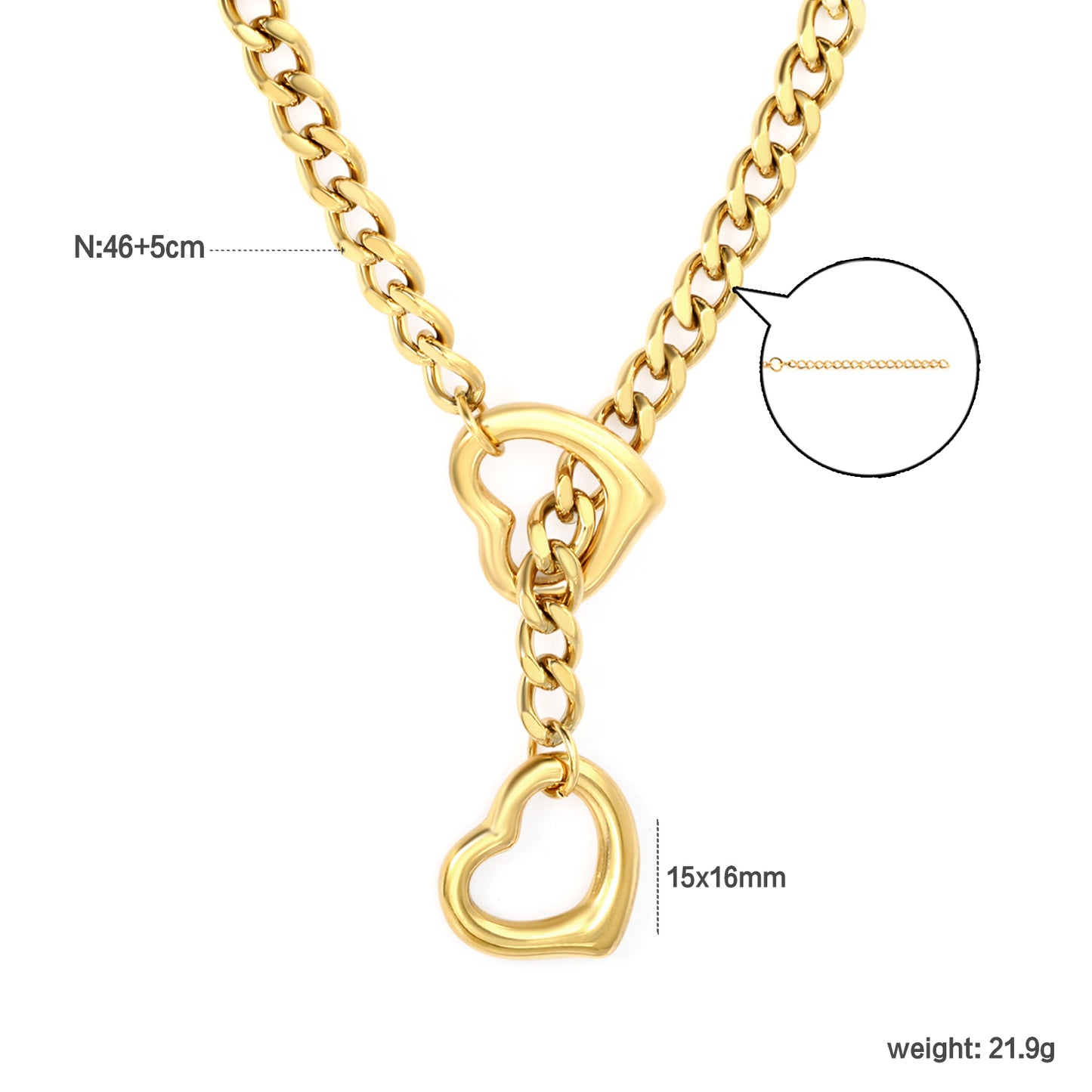 Wholesale 18K Gold Plated Double Heart Pendant Necklace Openwork Solid Contrast Festival Luxury