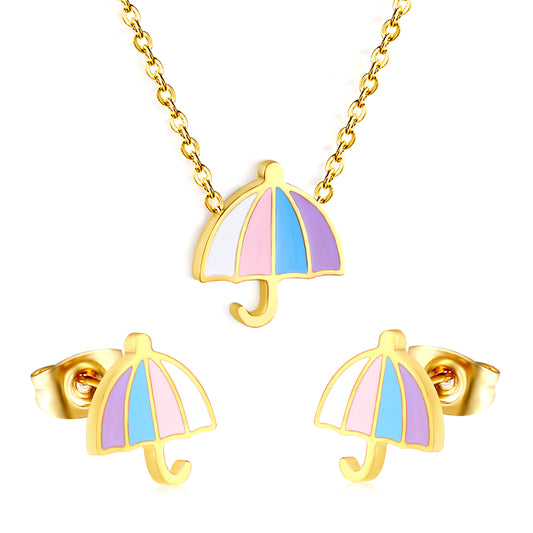 Stainless Steel Gold Umbrella Set & Cross Chain + Round Plaque Jewelry Supplier