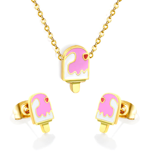 Stainless Steel Gold Ice Cream Set & Cross Chain + Round Plaque Jewelry Supplier