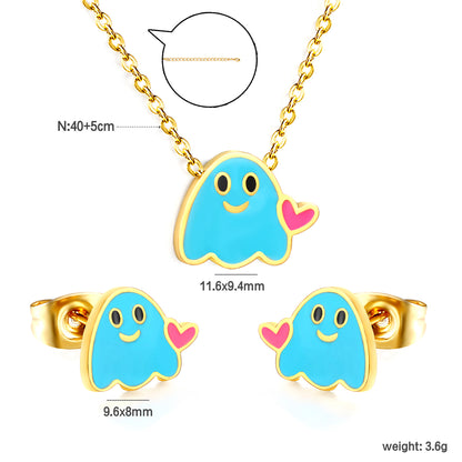 Stainless Steel Gold-Plated Dripping Heart Little Devil Set & Cross Chain + Round Tag Jewelry Supplier