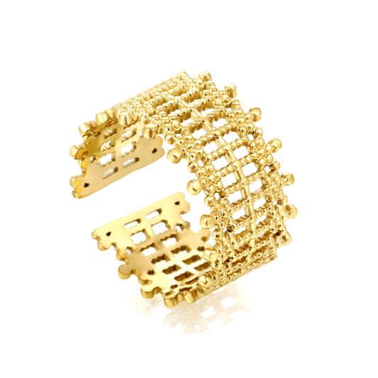 Wholesale Openwork Grid Wide Band 18K Gold Stainless Steel Ring