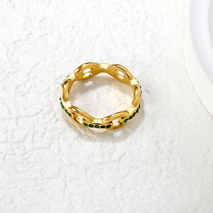 Wholesale 18K Gold Plated Openwork Chain Ring Diamond & Emerald Accent Festive Celebration Luxury