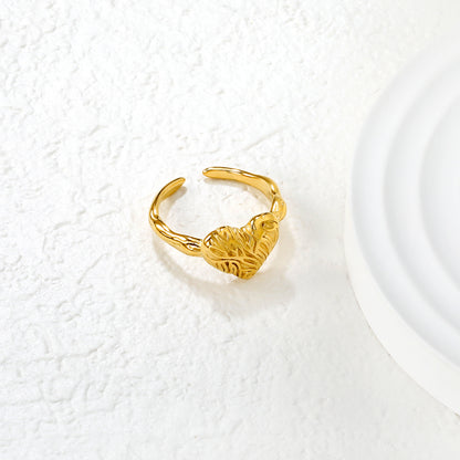 Wholesale 18K Gold Plated Crushed Heart Ring Textured Surface Open Band Industrial Romance