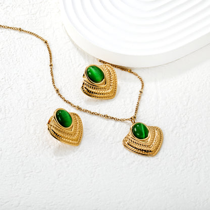 Wholesale 18K Gold Plated Shell Jewelry Set Mother-of-Pearl & Emerald Accent Necklace Earrings Light Luxury