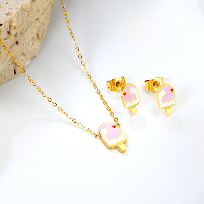 Stainless Steel Gold Ice Cream Set & Cross Chain + Round Plaque Jewelry Supplier