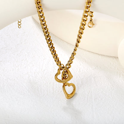 Wholesale 18K Gold Plated Double Heart Pendant Necklace Openwork Solid Contrast Festival Luxury
