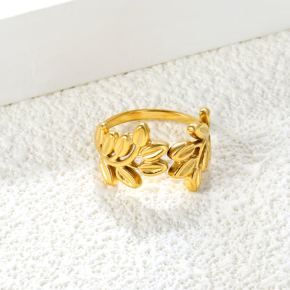 Wholesale flower-leaf combination open 18K gold stainless steel ring