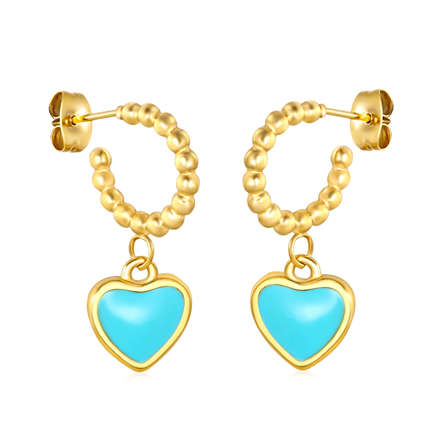 Golden blue oil drop peach heart + semi-circular steel bead stud earrings jewelry supplier