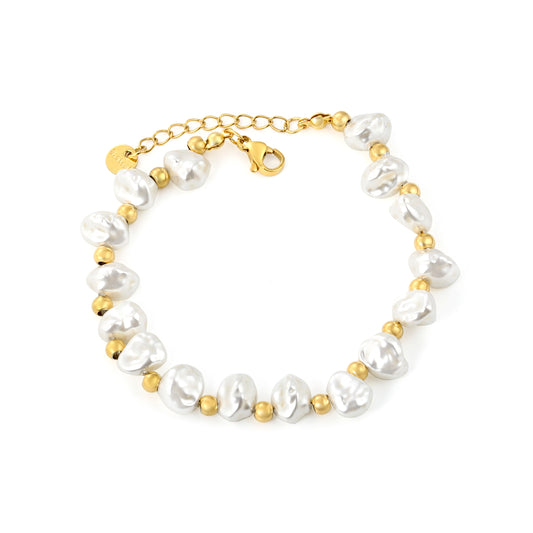 Wholesale 18K Gold Plated Pearl & Gold Bead Bracelet Mixed Texture Strand Natural Organic Light Luxury