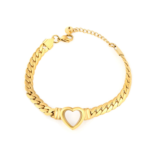 Wholesale 18K Gold Plated Wide Chain Bracelet Heart Mother-of-Pearl Inlay Textured Surface Festive Luxury