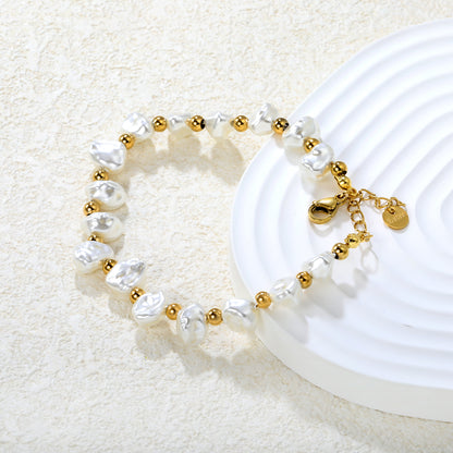 Wholesale 18K Gold Plated Pearl & Gold Bead Bracelet Mixed Texture Strand Natural Organic Light Luxury