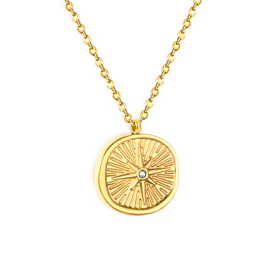Wholesale 18K Gold Plated Sunburst Diamond Medallion Necklace Radial Texture Light Luxury