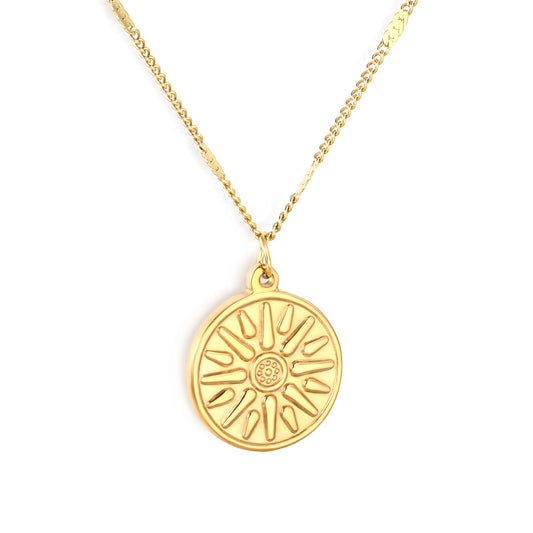 Wholesale 18K Gold Plated Sunburst Medallion Necklace Radial Texture Industrial Vintage