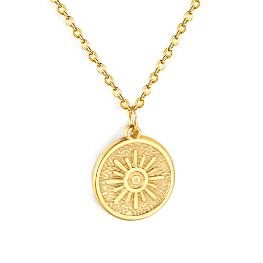 Wholesale 18K Gold Plated Sunburst Medallion Necklace Radial Texture Industrial Natural