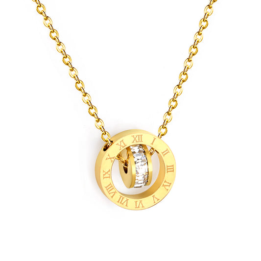 Wholesale 18K Gold Plated Double Ring Diamond Necklace Roman Numerals Rotating Mechanism Futuristic