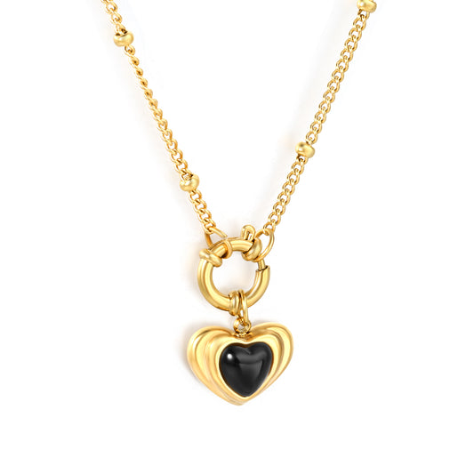 Wholesale 18K Gold Plated Heart Black Gemstone Pendant Necklace Contrast Setting Festival Luxury